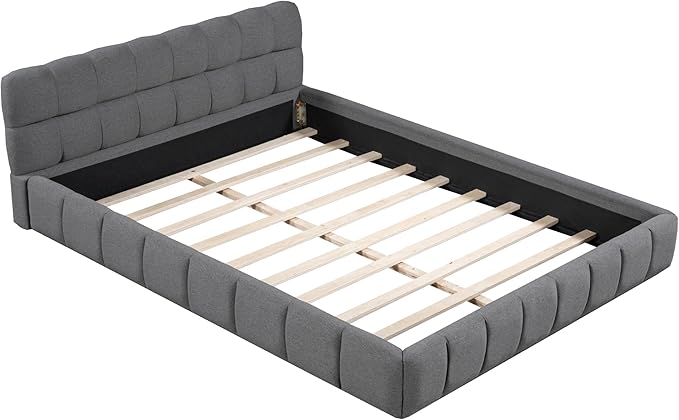 Merax Modern Tufted Platform Bed Queen Linen Floor Bed Frame with Headboard No Box Spring Needed Gray