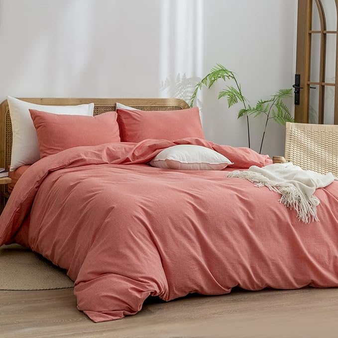 BESTOUCH Duvet Cover Set 100% Washed Cotton Linen Feel Super Soft Comfortable Chic Lightweight 3 PCs Home Bedding Set Solid Orange Queen