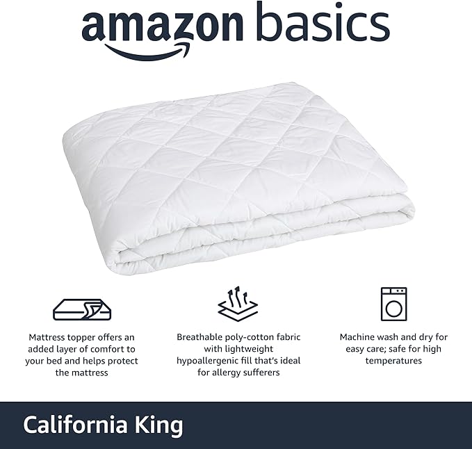 Amazon Basics Hypoallergenic Breathable Quilted Mattress Topper Pad with Elastic, California King, 18 Inches Deep, White