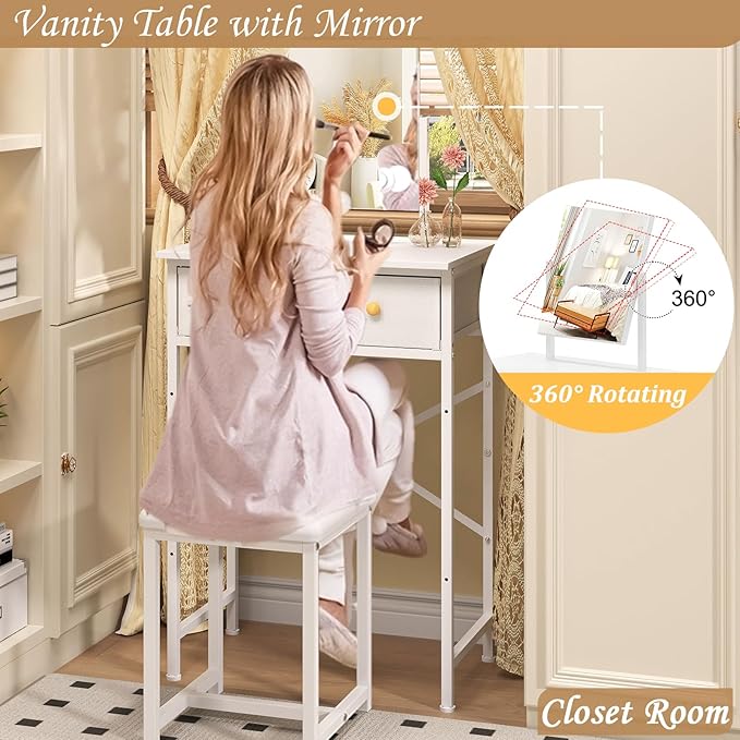 X-cosrack Small Makeup Vanity Desk with Mirror & Chair, Mini Vanity Desk Table Set with Fabric Storage Drawer, 19.7" Compact Vanity Desk for Kids, Girls, Dressing Table with Chair for Bedroom, White