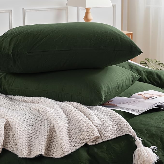 NEXHOME PRO Queen Duvet Cover Set – 100% Certified Organic Cotton with Washed Feel & Linen-Like Texture, Comfortable & Breathable, Home Bedding Set Olive Green (No Comforter)