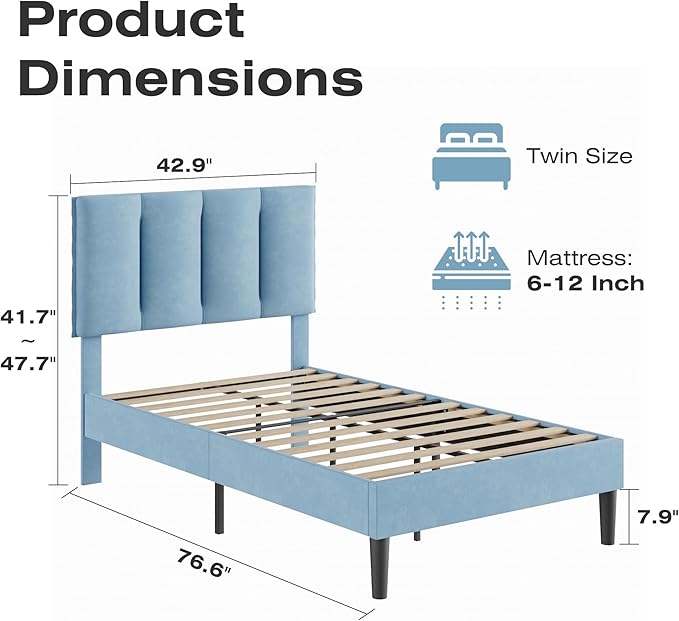 VECELO Twin Size Bed Frame with Upholstered Headboard, Heavy-Duty Bedframe with Wooden Slats & Steel Framework, Easy Assembly, Light Blue