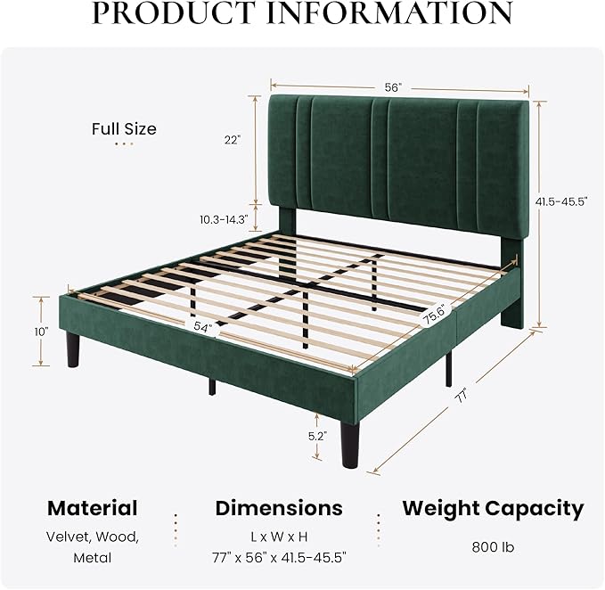 SHA CERLIN Full Size Platform Bed Frame, Velvet Upholstered Bed with Adjustable Headboard, Vertical Channel Tufted Design, Sturdy Wood Slat Support, No Box Spring Needed, Easy Assembly, Green