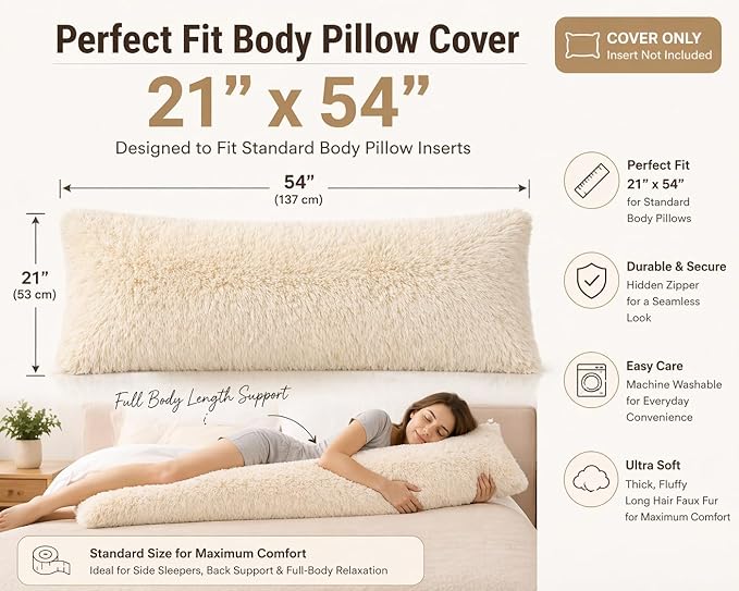 Reafort Luxury Long Hair, PV Fur, Faux Fur Body Pillow Cover/Case 21inx54in with Hidden Zipper Closure (Cream, 21inX 54in Pillow Cover)