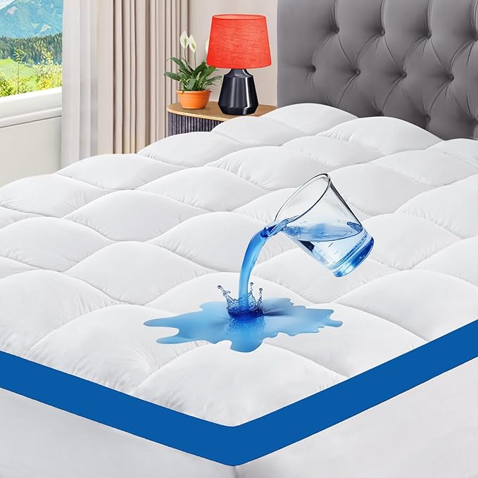 CYMULA King Mattress Topper Waterproof, Pillow Top Mattress Topper for King Size Bed, Thick Mattress Pad with Elasticated Deep Pockets, Soft Firm Plush Down Alternative Fill Mattress Protector
