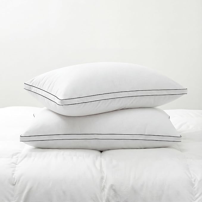 Feather Pillows Standard Size Set of 2 Goose Down Pillows with 100% Breathable Cotton Cover, Hotel Collection Bed Pillows for Sleeping, Soft Support for Back, Stomach and Side Sleepers