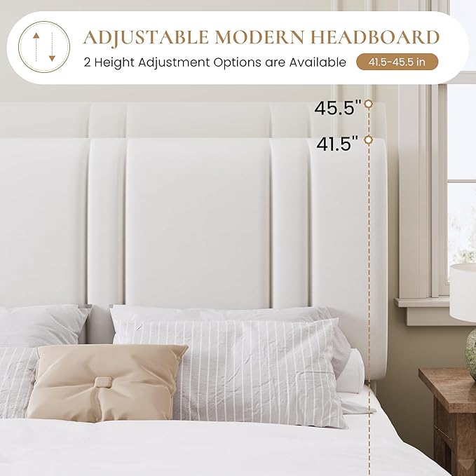 SHA CERLIN King Size Platform Bed Frame, Velvet Upholstered Bed with Adjustable Headboard, Vertical Channel Tufted Design, Sturdy Wood Slat Support, No Box Spring Needed, Easy Assembly, White