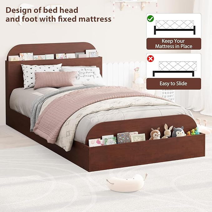 Garvee Twin Bed Frame with Headboard & Footboard – Low Platform Kids Bed, Wooden Twin-Floor Design, Noise-Free, No Box Spring Needed, Espresso