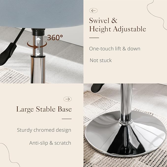 LUE BONA Height Adjustable Vanity Stool 15.8"-20.7", 360° Swivel Grayish Blue Faux Leather Chair, 300lb Capacity for Makeup Room, Bathroom