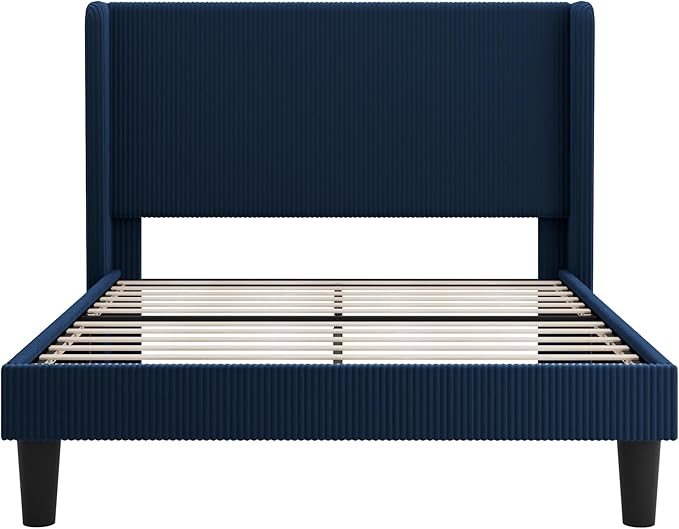 SHA CERLIN Queen Size Corduroy Upholstered Platform Bed Frame with Vertical Channel Tufted Wingback Headboard, 8" Under Bed Storage, Wooden Slats & Metal Frame Support, Easy Assembly, Dark Blue