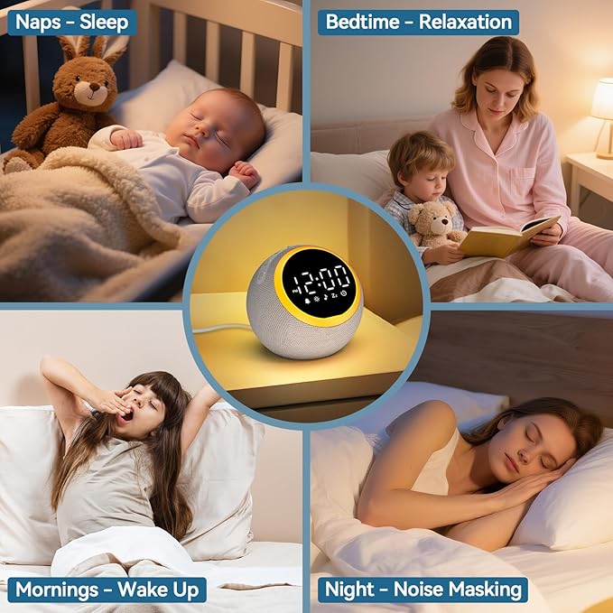 Sound Machine Alarm Clock for Sleep: Digital Alarm Clocks for Bedrooms, 25 Soothing Sounds, 7 Gentle Wake-up Sounds, 16 Adjustable Volume & Timer, Memory Function (Gray)