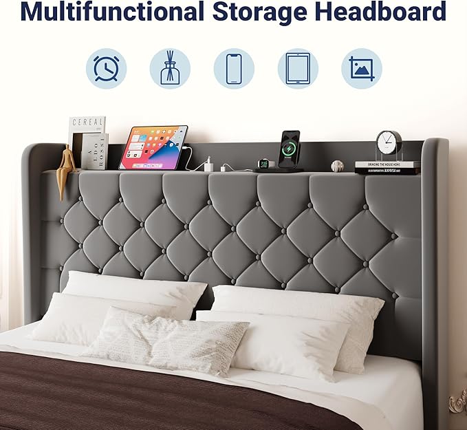 Allewie King Size Bed Frame, Storage Headboard with Charging Station, Wingback Velvet Upholstered, Diamond Stitched Button Tufted, Sturdy Wooden Slats, No Box Spring Needed, Easy Assembly, Grey