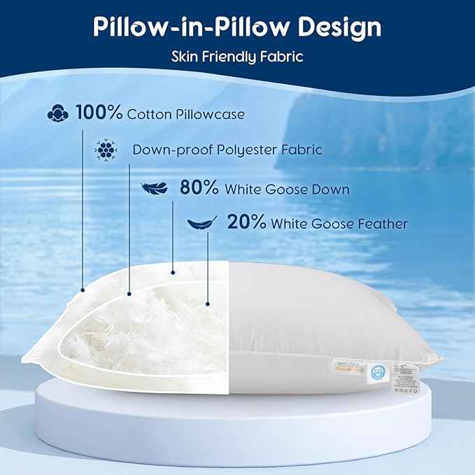 LBRO2M Canadian Fluffy Goose Down Pillow King Size 1050 Fill Power 80% Goose Down 20% Goose Feather Bed Pillow with 100% Cotton, Teflon Finish Shell Down Pillows Plush and Support (20"X36", Set of 2)