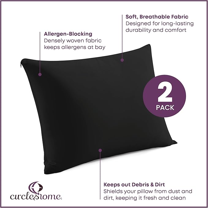 CirclesHome Pillow Protectors 2 Pack King Zippered - 100% Cotton Breathable Pillowcases - Protects Pillows from Dirt, Dust and Debris (King - Set of 2 - 20x36)