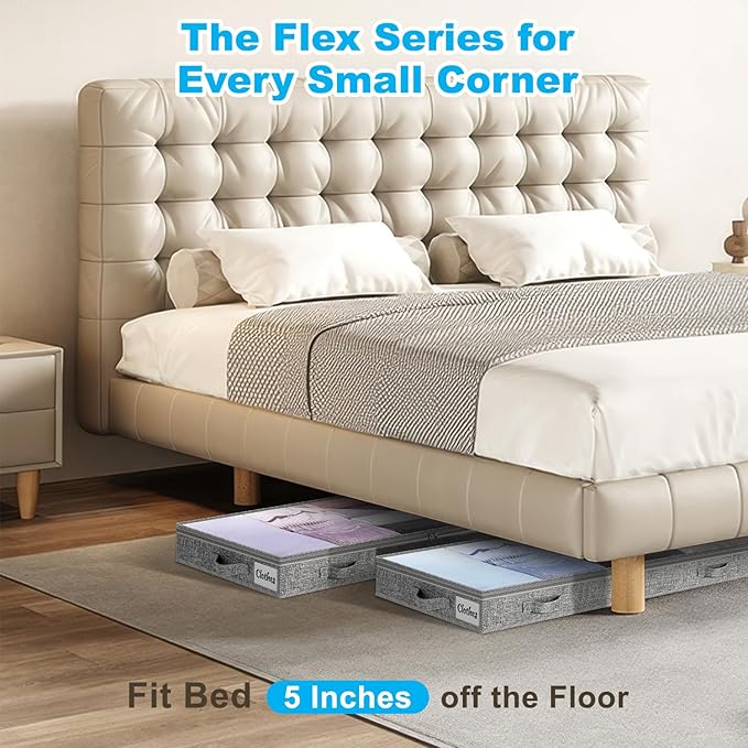 5 Inch Low Profile Under Bed Storage Drawer 2 Pack, Lightweight Underbed Clothes Storage Container Bins With NO STURCTURE, Shallow Storage Bag for Dorm & Home, With Clear Lids & Water-Resistant Fabric