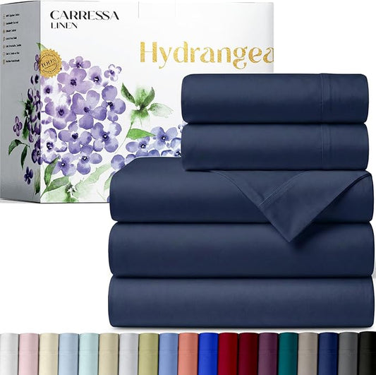 Carressa Linen 100% Egyptian Cotton Split King Sheets Sets for Adjustable Bed - 600 Series Hydrangeas Collection 5 PC Navy Blue Top Split King Sheets, 16" Deep Pocket Sheet for Adjustable Bed