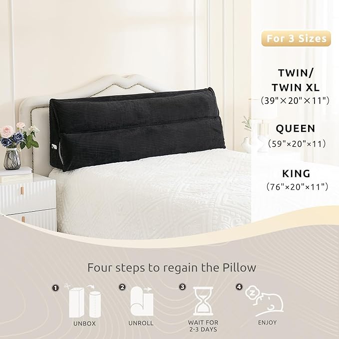 Zelladorra Wedge Pillow Headboard, Headboard Pillow Queen for Reading or Sitting, Bolster Pillow with Large Memory Foam, Removable Cover, Black