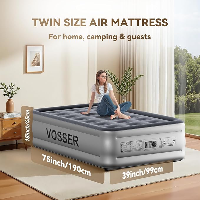 VOSSER Twin Air Mattress with Built in Pump,18” Raised Blow Up Mattress,Inflatable Mattress in 2 Mins,Single Twin Size Air Mattress for Camping,Floor&Travel, Air Bed for Adults,330LB Max