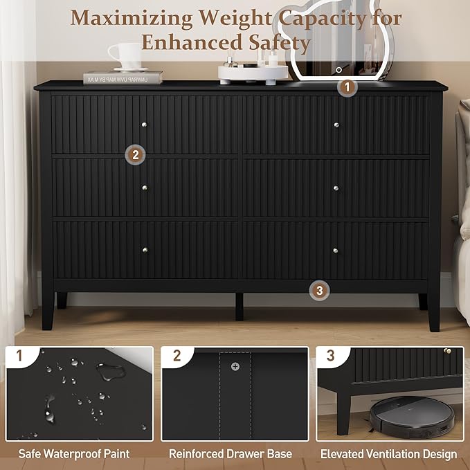 FansaFurn Black Dresser Fluted 6 Drawer Dresser Wide Modern Chest of Drawers Large Closet Dressers Wood Storage Dressers Organizer Storage Cabinet for Bedroom Living Room Hallway Entryway