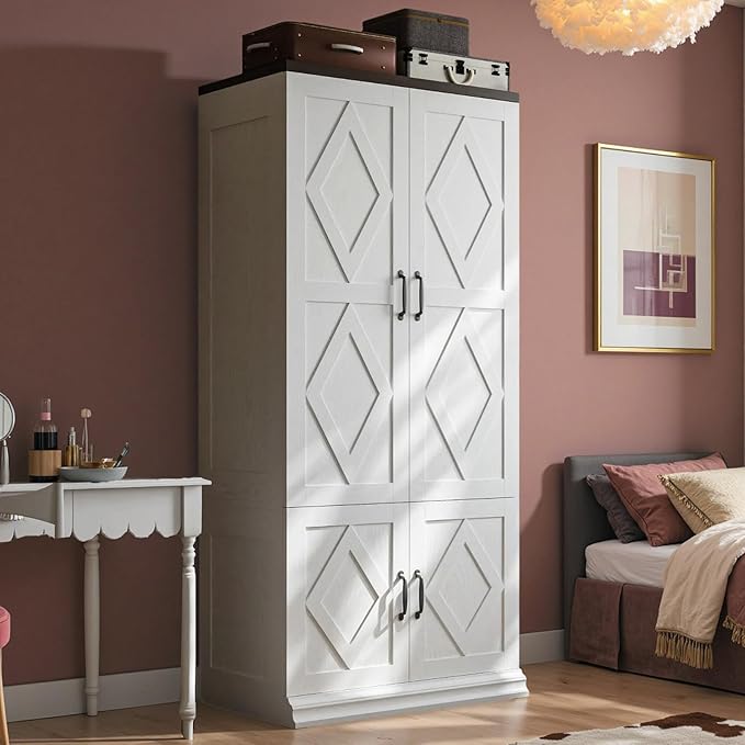 ANCTOR Wardrobe Closet with Doors, 71" H Tall Wooden Closet with 5 Clothing Shelves, Hanging Rod for Clothes, Bedroom Freestanding Armoire Storage Cabinet, Stand Alone Clothing Unit, White