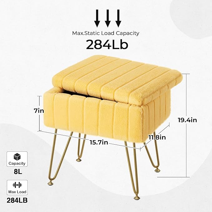 Greenstell Vanity Stool Chair Faux Fur with Storage, 15.7"L x 11.8"W x 19.4"H Soft Ottoman 4 Metal Legs with Anti-Slip Feet, Furry Padded Seat, Modern Multifunctional Chairs for Makeup, Bedroom,Yellow