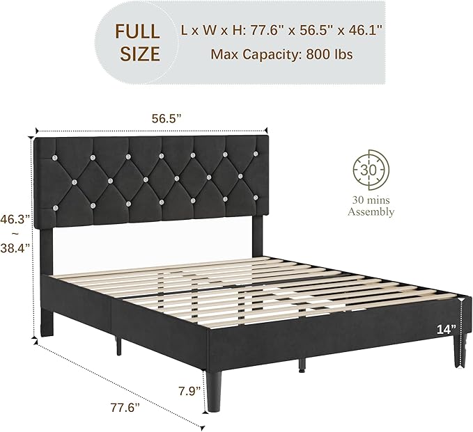 VECELO Full Size Bed Frame with Diamond Tufted Headboard, Upholstered Platform Bedframe with Wood Slat Support, No Box Spring Needed, Velvet & Black