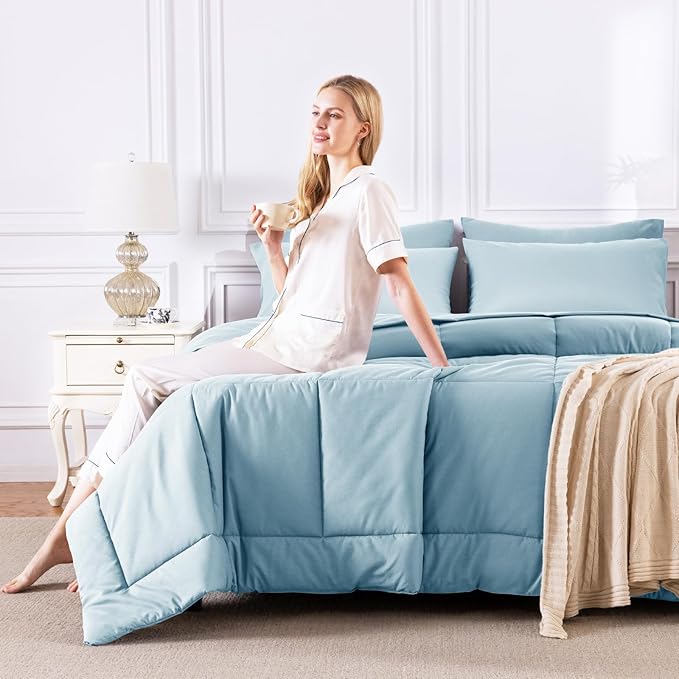 CozyLux Queen Comforter Set Light Blue, 7 Pieces Bed in a Bag, Blue Comforters Queen Size, All Season Bedding Sets with Stitch Quilted Comforter, Flat Sheet, Fitted Sheet, Pillowcases