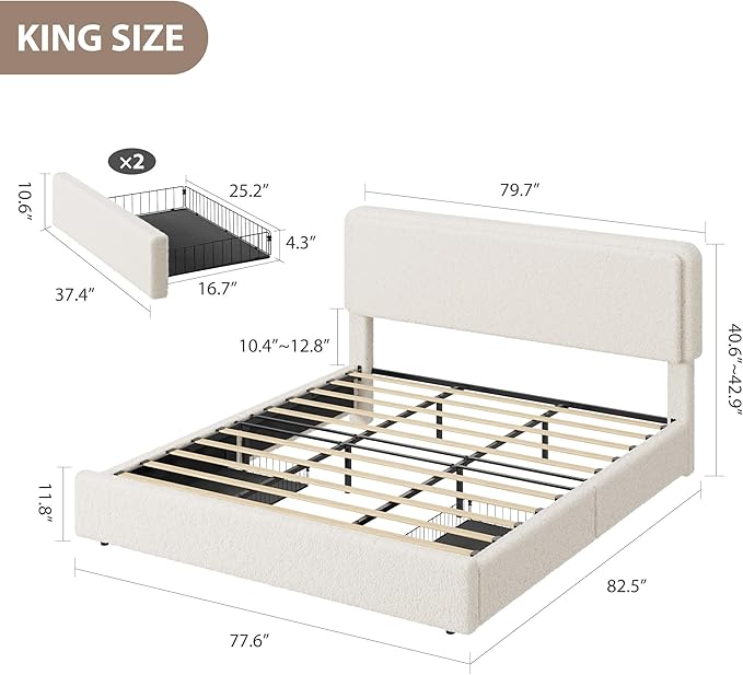 Garvee King Size Teddy Fleece Bed Frame, Upholstered Platform Bed with 2 Storage Drawers, Height Adjustable Cloud Headboard, Thick Soft Teddy Fabric Bed, Modern Style, No Box Spring Required, Cream