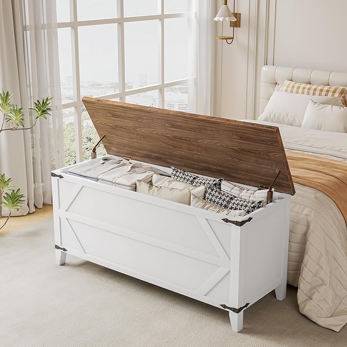 HOOBRO 47.2" Toy Box, Storage Bench with Safety Hinges, Toy Chest Storage, Wooden Storage Chest for Bedroom, Living Room, White and Walnut WH16CW01