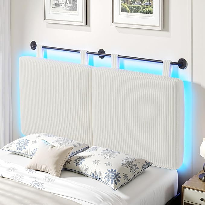 Headboard Queen Size，Modern Wall Mounted Headboards with LED Light for Bed with Upholstery Hanging Headboard for Bedroom,Featuring High-Density Sponge Padding，White