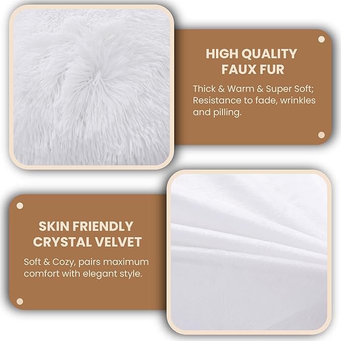 MEGO Luxury Fluffy Body Pillow Cover, 20x54 Shaggy Faux Fur Body Pillow Case, White Soft Plush Fuzzy Body Pillowcase, Decorative Furry Long Bed Pillow with Zipper Closure Hug Pillow for Bedroom White