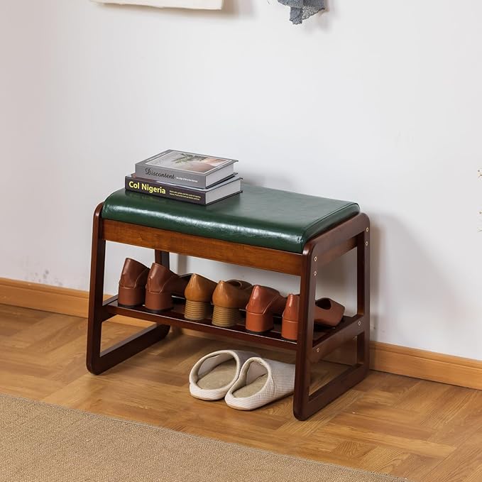 SOBIBO Shoe Bench with Storage - 2-Tier Entryway Bench, Solid Wood Shoe Rack with Cushion & Flip-Open Box, Mid-Century Modern for Hallway, Mudroom, Bedroom (Green, 21.65'')