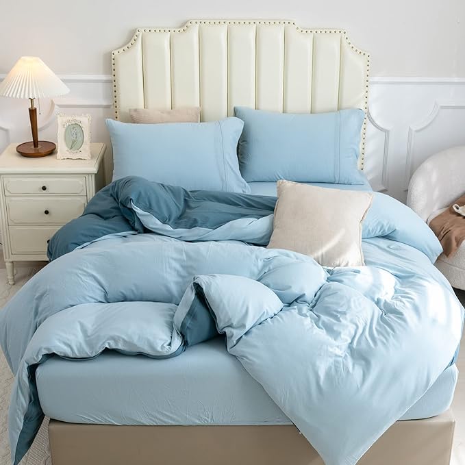 PURE ERA Jersey Knit Duvet Cover Set 100% T-Shirt Cotton Super Soft Comfy 3pc Bedding Set with Zipper Closure (Solid Cerulean Blue/Light Blue, King)