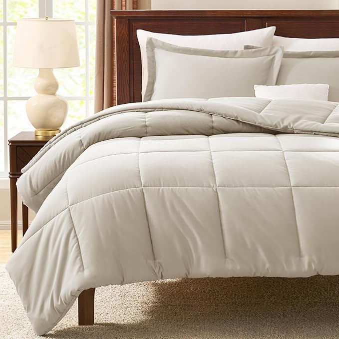 CozyLux Twin/Twin XL Comforter Set Beige - 270GSM Box Stitched Bedding Set for College Dorm & Back to School, Lightweight All Season for Teen Boys, Girls, 2 Pcs with Comforter and Pillow Sham