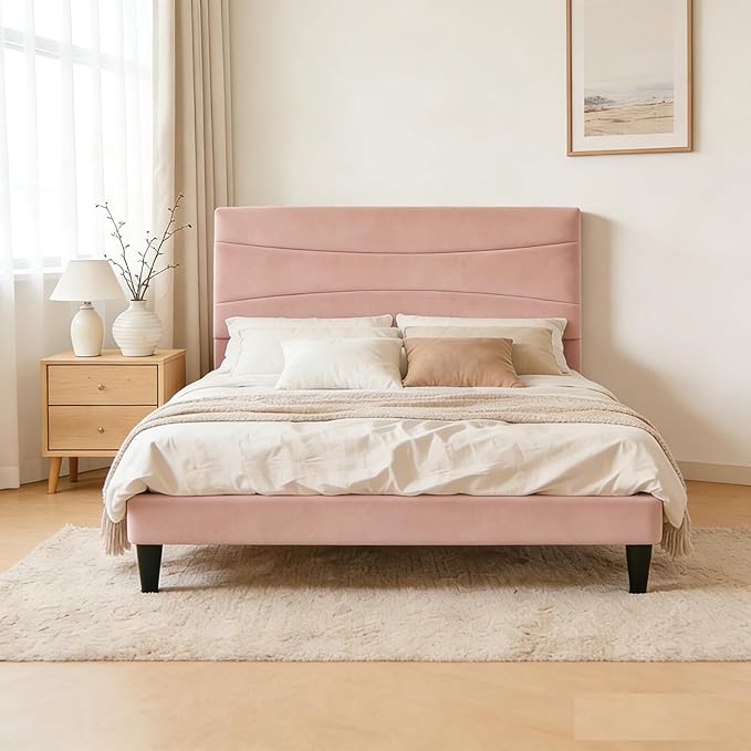IDEALHOUSE Twin XL Upholstered Platform Bed Frame with Ergonomic Headboard, Beige Soft Fabric, Heavy Duty Wooden Slats, Noise-Free, 6.3" Underbed Storage, No Box Spring Needed, Easy Assembly