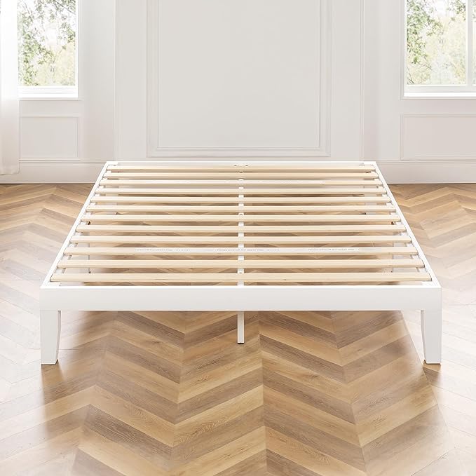 Mellow Naturalista Classic 12 Inch Solid Wood Platform Bed with Wooden Slats, Cal King, Whit