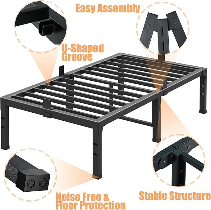FUIOBYVV Twin Bed Frames,16 Inch Heavy Duty Metal Platform Bed Frame Twin Size Support Up to 3500 lbs,No Box Spring Needed,Headboard Compatible,Steel Slat Support,Noise Free,Easy Assembly