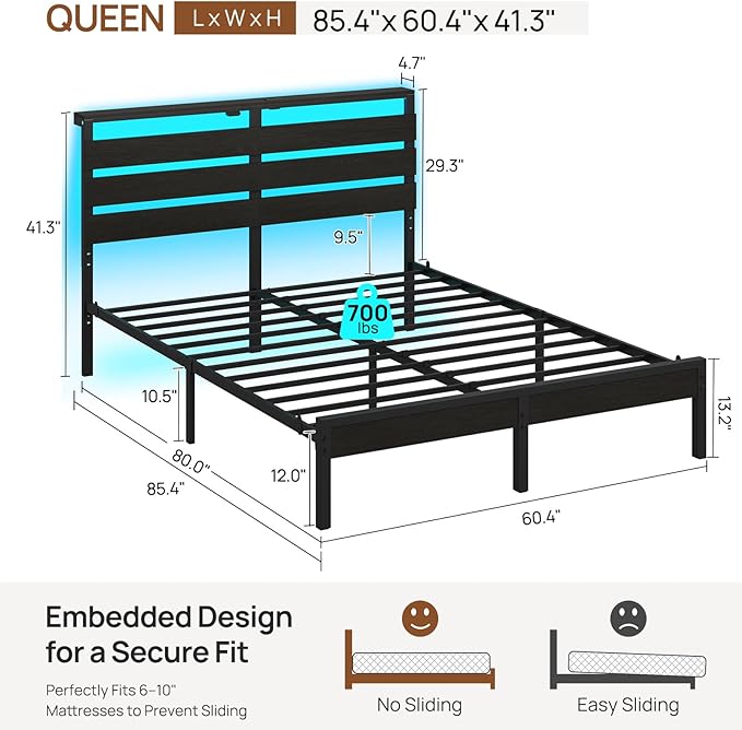 Rolanstar Queen Bed Frame with LED Lights and Charging Station, Wood Storage Headboard and Under Bed Storage, Metal Platform, Noise Free, No Box Spring Needed, Balck Oak