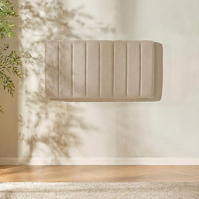 Hearth & Harbor Upholstered Twin Headboard - Easy Assemble Channel Stitched Headboard Twin Size - Wall Mounted Headboards with 3D Soundproof Wall Panels Peel & Stick Floating Headboards, Beige