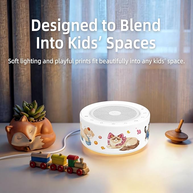 Kipcush White Noise Machine - Soft Non-Glare Nursery Lamp, 30 Soothing Sounds, 8 Color Lights, Max 8-Hour Timer for Baby & Adults (Kittens & Puppies, Standard)