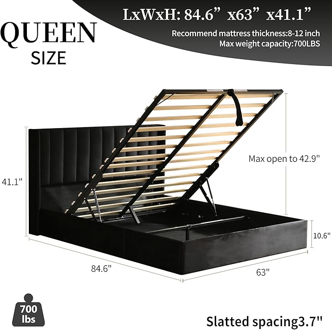 YUHUASHI Queen Size Hydraulic Storage Bed, Upholstered Platform Bed Frame, Modern Wingback Design Headboard, Velvet Fabric with Hydraulic Support Bars, No Box Spring Required (Black, Queen)