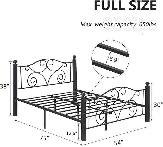 VECELO Full Size Bed Frame with Headboard and Footboard, Heavy Duty Metal Slat Support, Platform Mattress Foundation, No Box Spring Needed, Easy Assembly, Dark Black