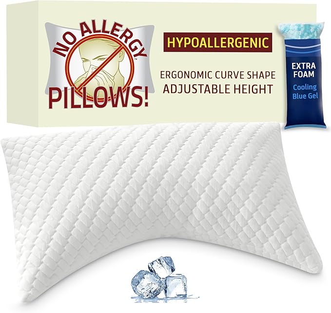 Hypoallergenic Adjustable Curved Pillow for Side Sleepers. Crafted with Non-Allergenic Materials. Memory Foam + Soft Bamboo Fabric Cover. Extra Foam Filling. Queen Size