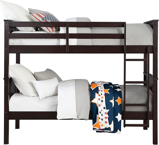 DHP Dylan Convertible Wood Bunk Bed, Stackable and Detachable Bed Frames for Kids and Teens, with Ladder, High Guardrail, Wood Slats, No Boxspring Required, Twin-Over-Twin, Espresso