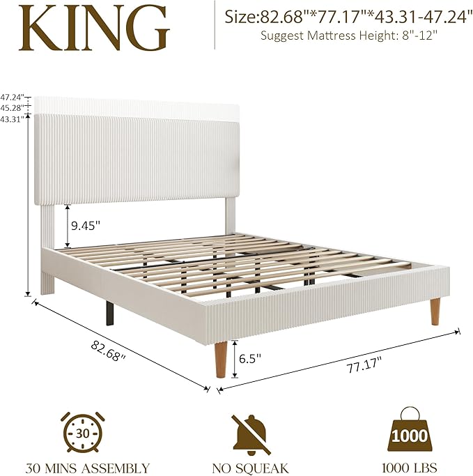 King Size Bed Frame, Upholstered Platform Bed with Adjustable Headboard, Vertical Fluted Tufted, Soft Corduroy Fabric, Wooden Slats Support, No Box Spring Needed, Easy Assembly, White