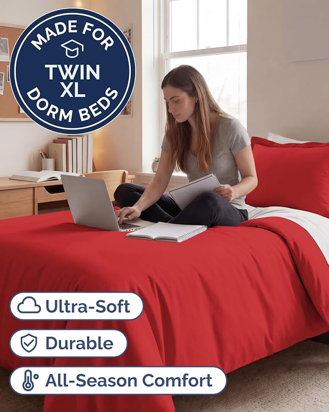 Duvet Cover Twin/Twin XL Size Set - Extra Soft Twin/Twin XL Duvet Cover 68" x 90" with 1 Pillow Sham - Hotel Luxury, Easy Care, Fade Free with Zipper Closures & Ties - Comfy, Cozy and Breathable (Red)