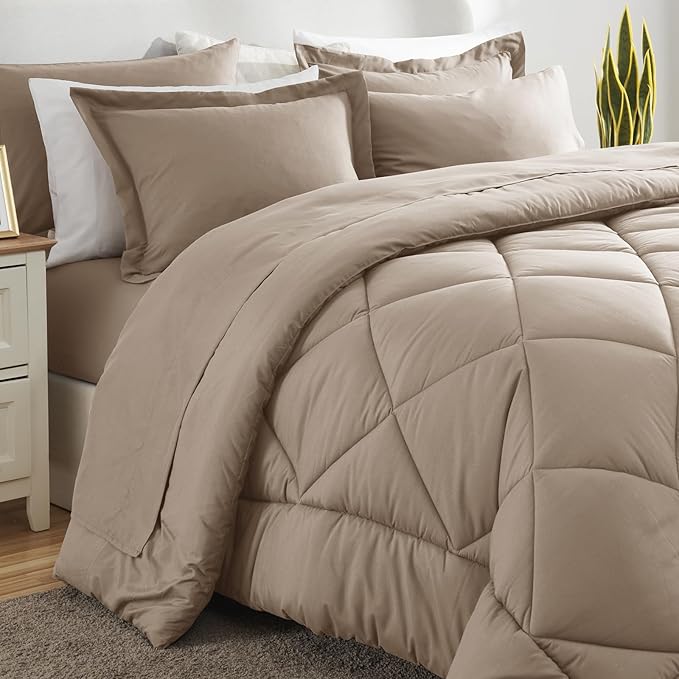CozyLux Oversized King Comforter Set Khaki - 7 Pieces Bed in a Bag Comforter Set with Sheets, Luxury Soft Bed Set All Seasons, Bedding Set with Down Alternative Comforter, Sheets, Pillowcases & Shams