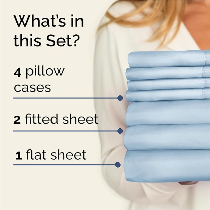Split King 7 Piece Sheet Set - Comfy, Breathable & Cooling - Soft Hotel Luxury Bedding for Women, Men, Kids, Teens and Children - 1 Flat & 2 Fitted Sheets & 4 Pillowcases with Deep Pockets - Sky Blue