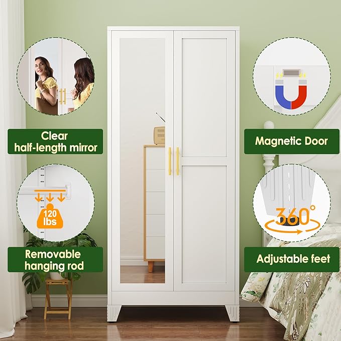 winiowa Metal Armoire Wardrobe Closet with 2 Mirror Doors, 71" Wardrobe Cabinet with Adjustable Shelves and Hanging Rod, Clothing Storage Cabinet Closet with Mirror for Bedroom-White