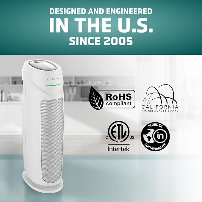 GermGuardian HEPA Indoor Large Room Air Purifier for Home - Pet Dander, Dust, Pollen, Smoke, and Odors in Bedroom, Office, and Kitchen - Air Quality Monitor and UV-C Light Combo - White